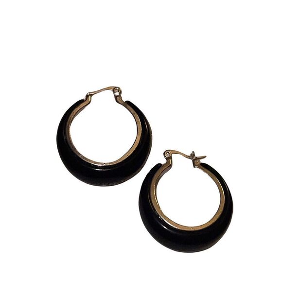 Vtg 80s Earrings Hoop Black Silvertone Lined Pierced - Picture 3 of 3